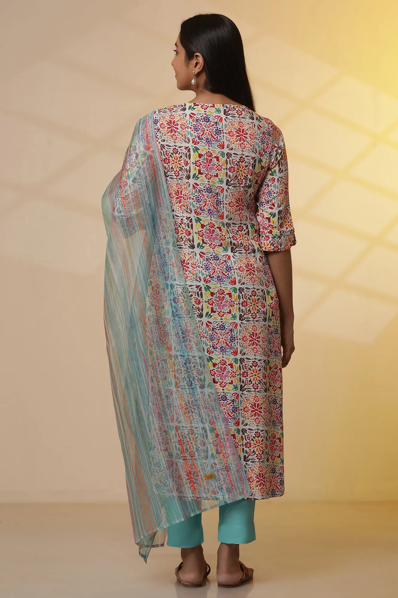 Multi-coloured Printed Kurta, Pants and Dupatta Set