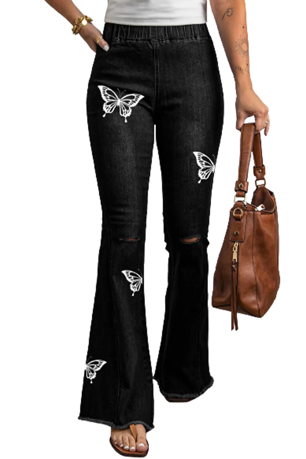 Multicolor Distressed Bell Bottom Denim Pants