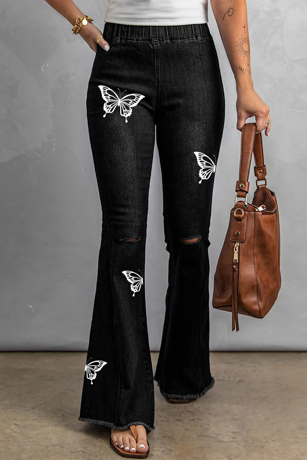 Multicolor Distressed Bell Bottom Denim Pants