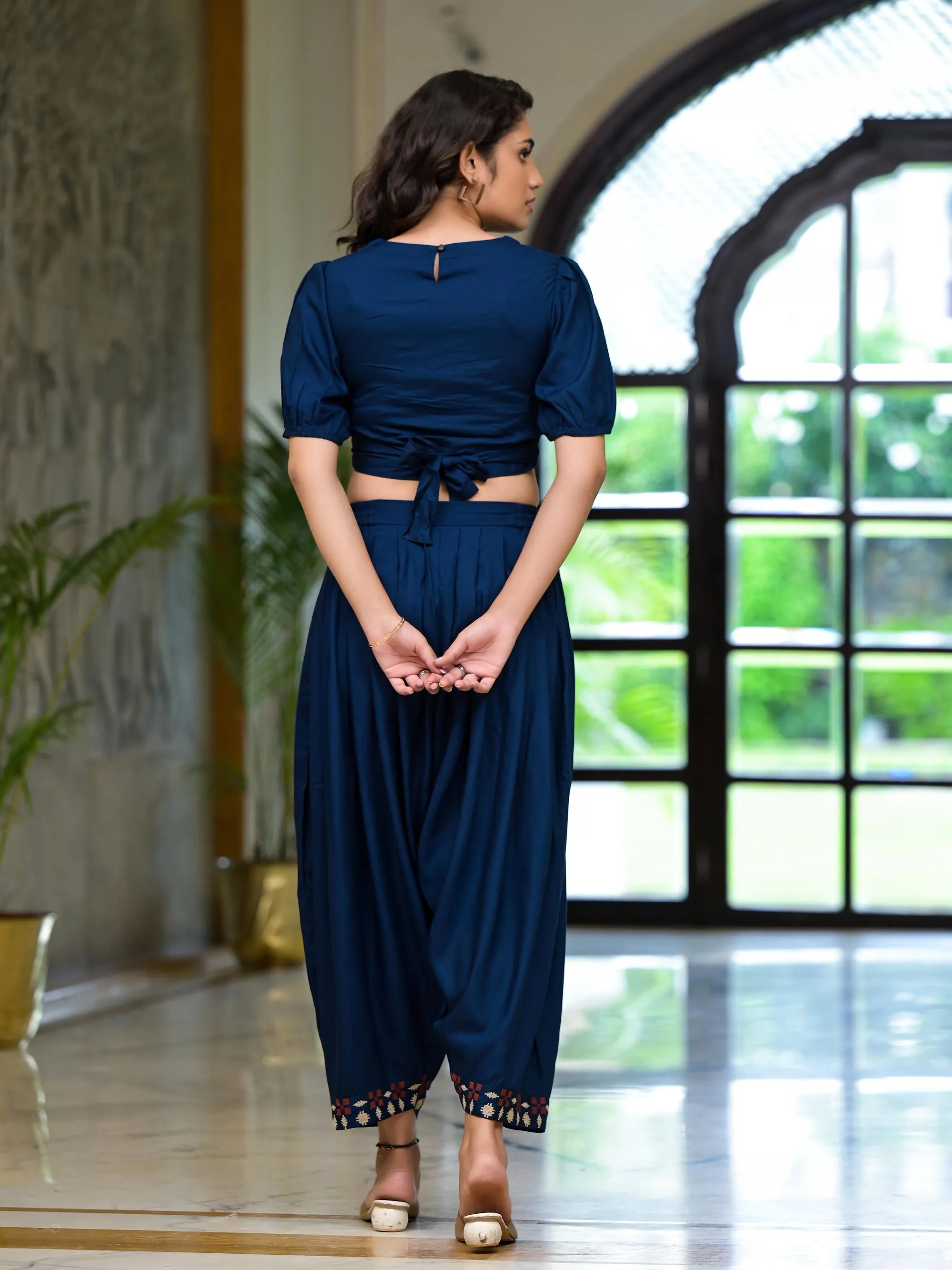 Navy Thread Embroidered Rayon Top & Dhoti Pant Set-J4921NAVY