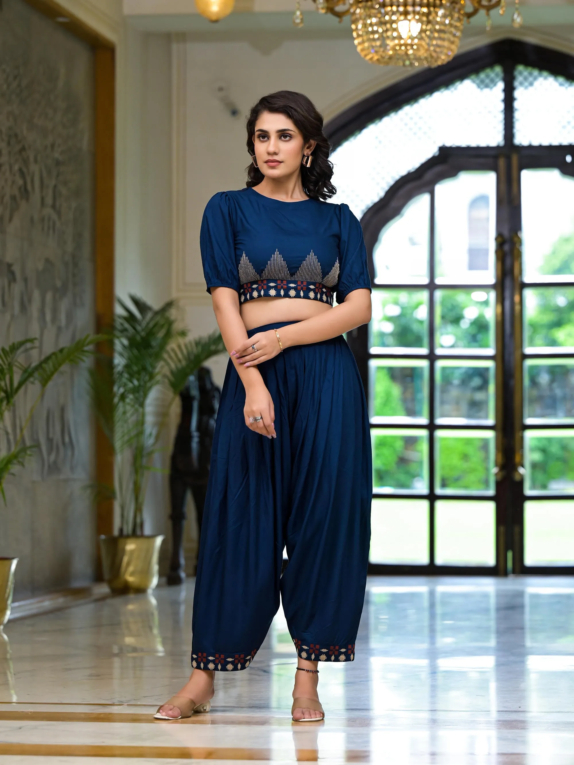 Navy Thread Embroidered Rayon Top & Dhoti Pant Set-J4921NAVY