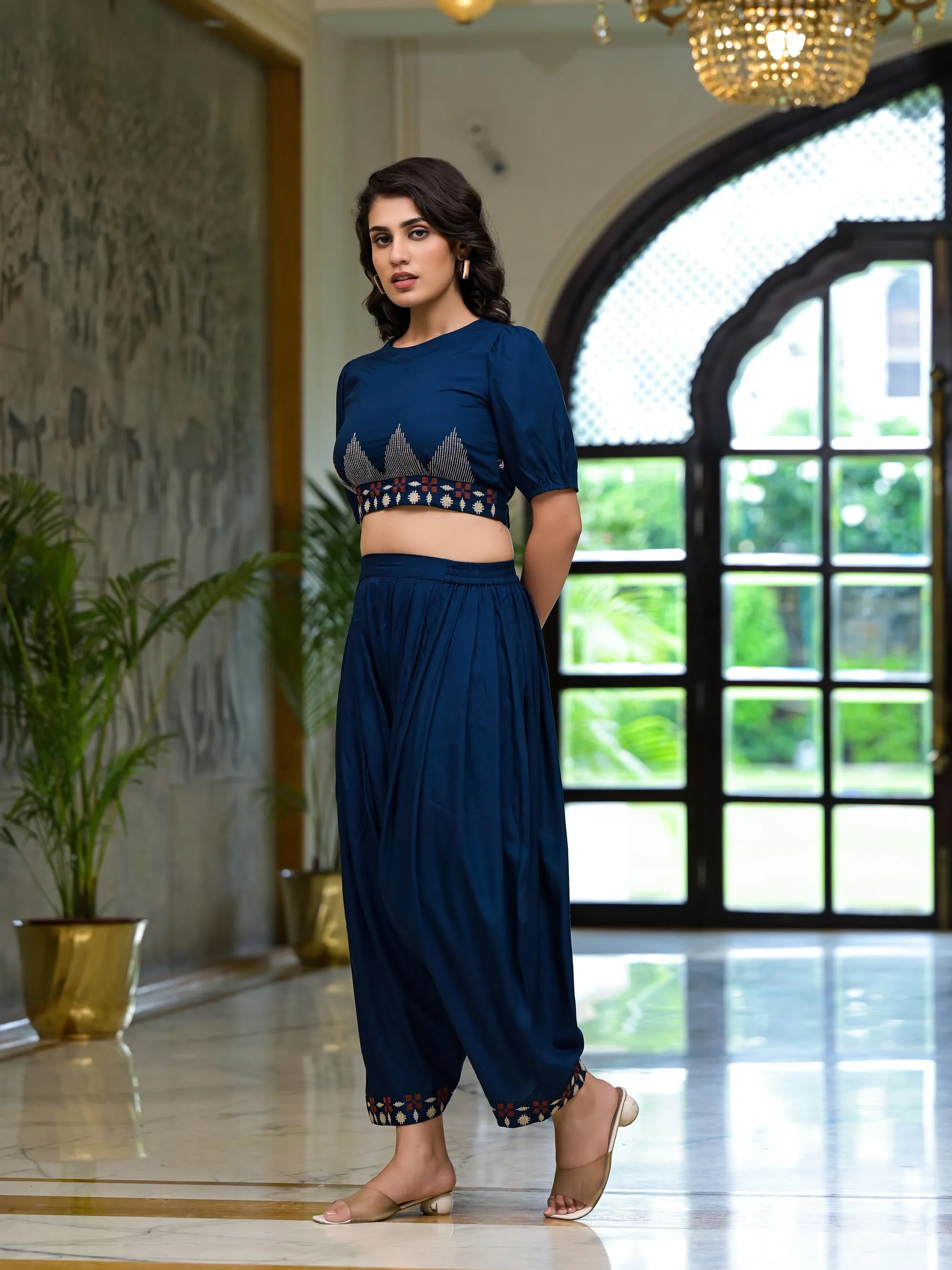 Navy Thread Embroidered Rayon Top & Dhoti Pant Set-J4921NAVY