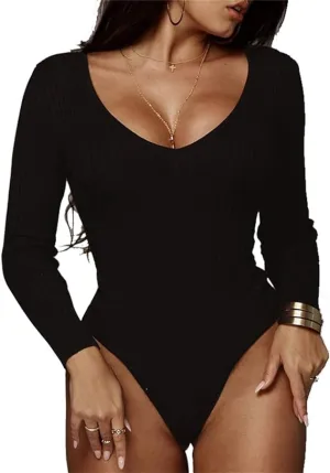 NEW PALINDA Women's Deep V Neck Long Sleeve Ribbed Knit Stretchy Tops - Sz L - Retails $64 
