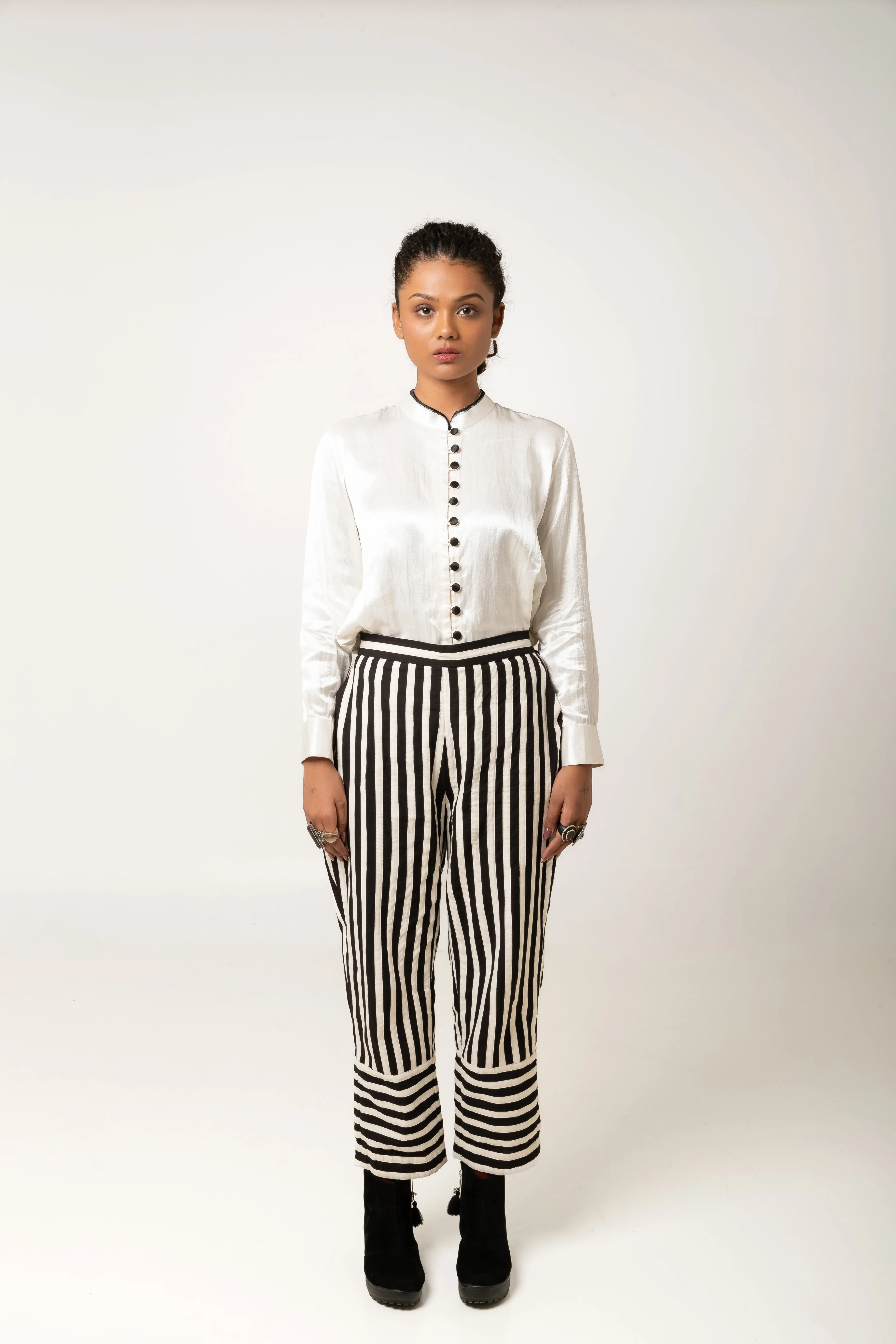 New Season Summer/Fall 2024-Pants Applique Stripes Cotton Kirti Black White -Ka-Sha - Fashion Edit Aseem
