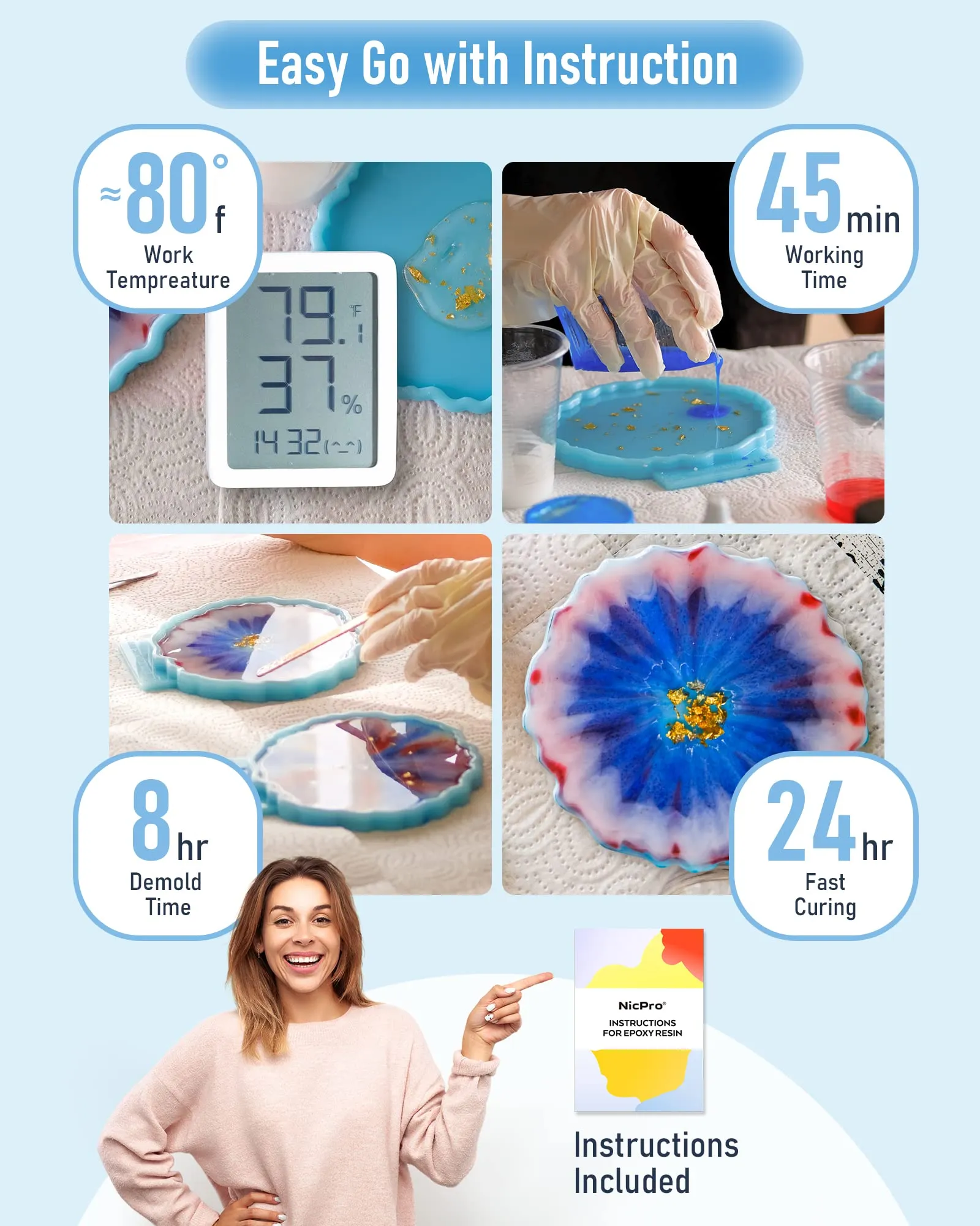 Nicpro 72OZ Crystal Clear Epoxy Resin Kit, Casting and Coating Art Resin Supplies for Craft Tabletop, Jewelry Making, Molds, Art Painting with 16 Mica Powder, Gold Foil Flakes, Measuring Cups and More