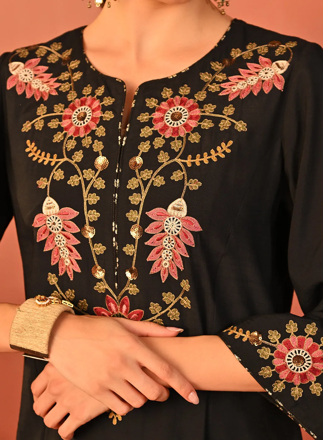Noorain Black Embroidered Cotton Linen Co-ord Set for Women