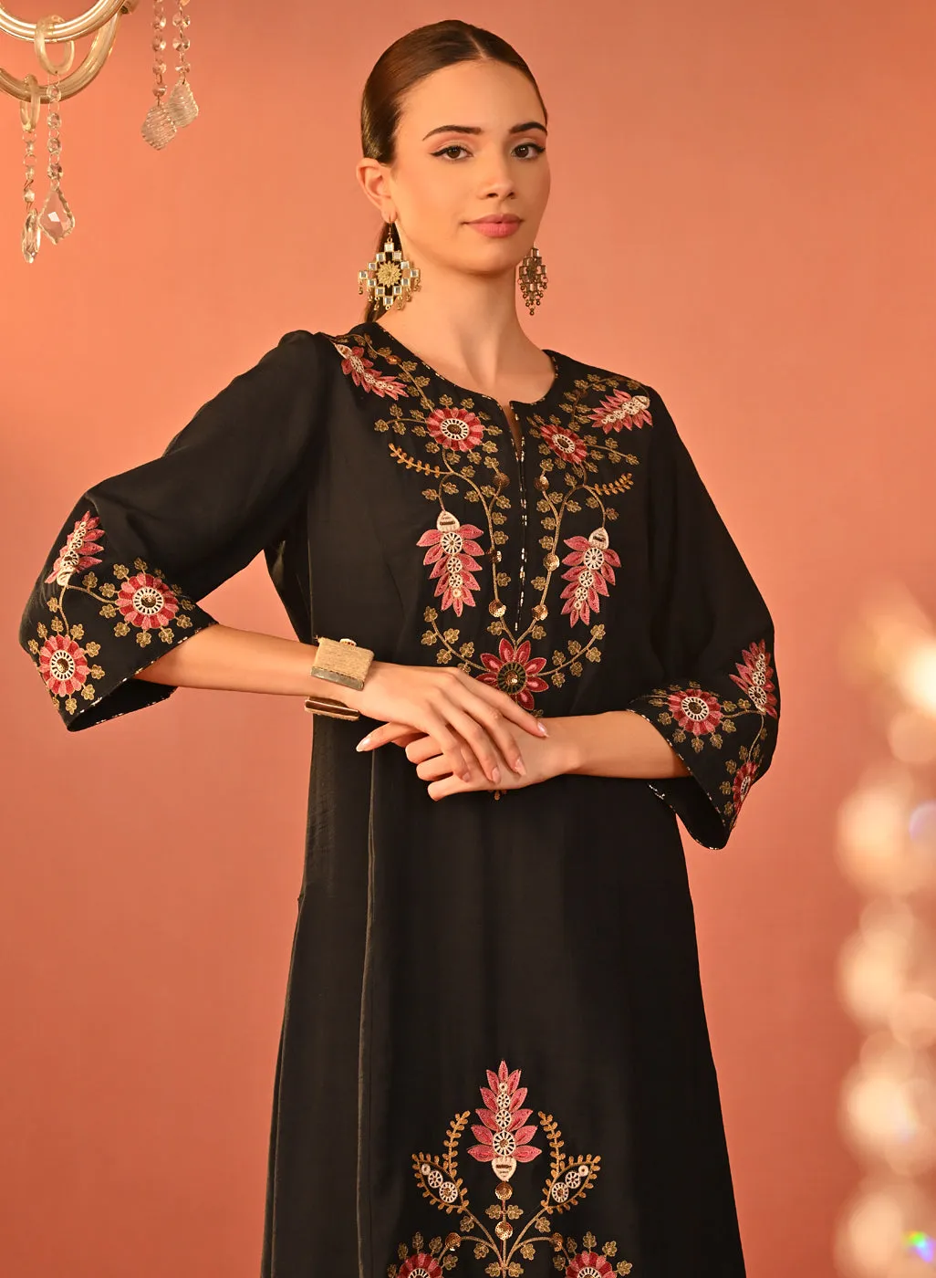 Noorain Black Embroidered Cotton Linen Co-ord Set for Women