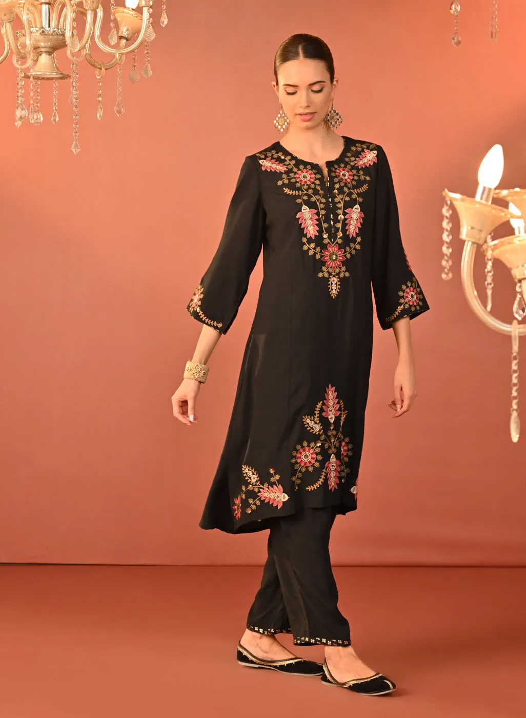 Noorain Black Embroidered Cotton Linen Co-ord Set for Women