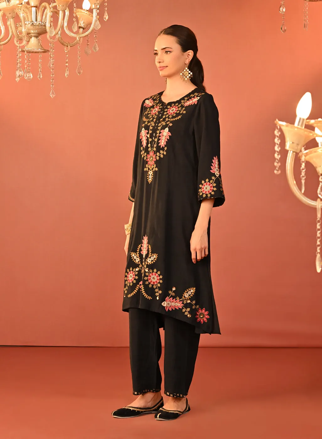 Noorain Black Embroidered Cotton Linen Co-ord Set for Women