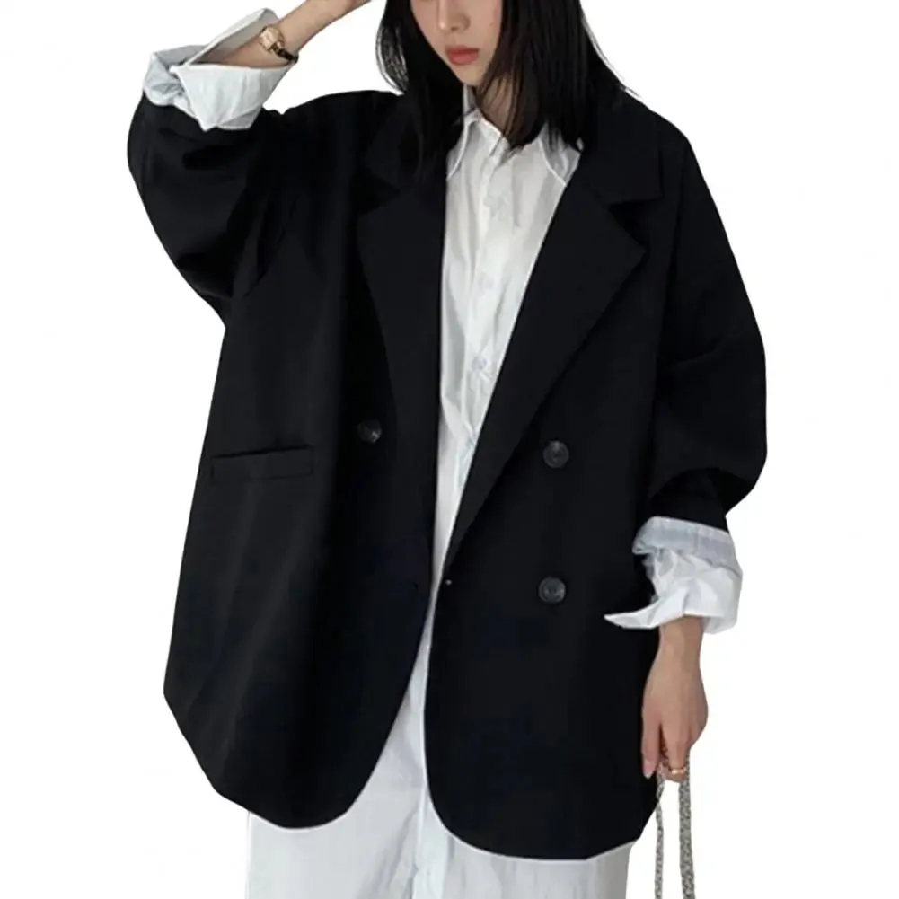 Notched Collar Business Blazer Suit Coat Korean Long Sleeves Pockets Double-breasted Oversized Women Blazer Jackets Suit Coat