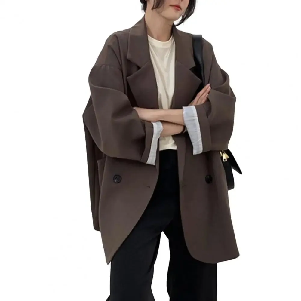 Notched Collar Business Blazer Suit Coat Korean Long Sleeves Pockets Double-breasted Oversized Women Blazer Jackets Suit Coat