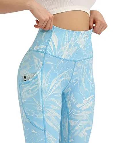 ODODOS Women's High Waisted Printed Yoga Capris with Pocket, Tummy Control Non See Through Workout Sports Running Athletic Capri Leggings, Plus Size, Blue Tropical, XX-Large