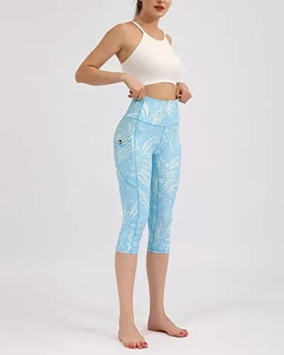 ODODOS Women's High Waisted Printed Yoga Capris with Pocket, Tummy Control Non See Through Workout Sports Running Athletic Capri Leggings, Plus Size, Blue Tropical, XX-Large