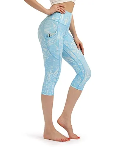 ODODOS Women's High Waisted Printed Yoga Capris with Pocket, Tummy Control Non See Through Workout Sports Running Athletic Capri Leggings, Plus Size, Blue Tropical, XX-Large