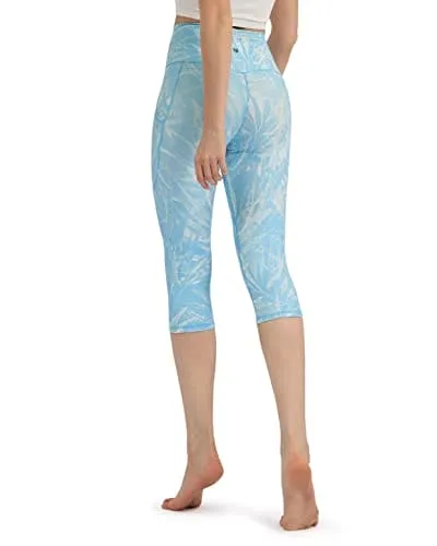 ODODOS Women's High Waisted Printed Yoga Capris with Pocket, Tummy Control Non See Through Workout Sports Running Athletic Capri Leggings, Plus Size, Blue Tropical, XX-Large