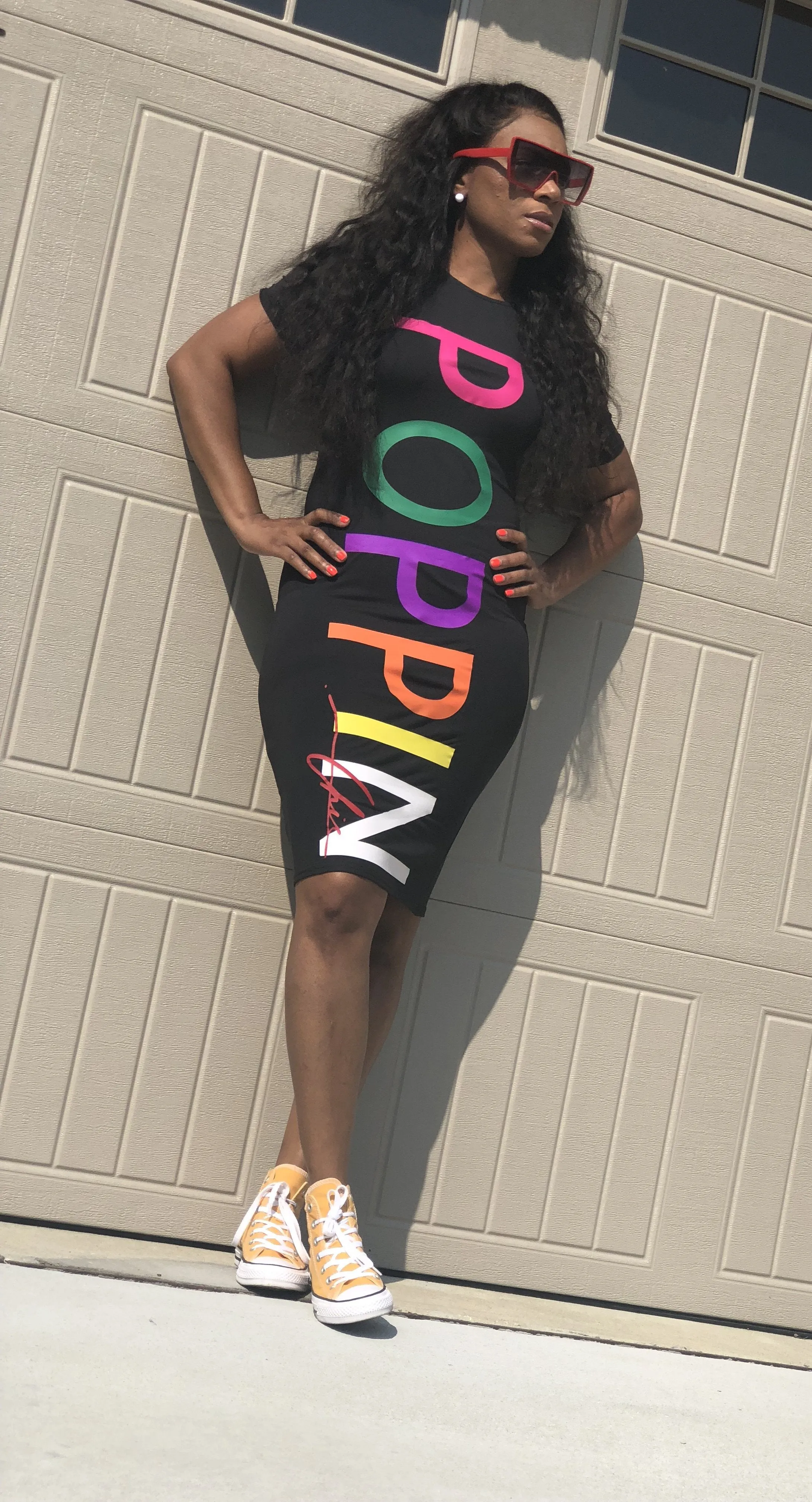 Off Black POPPIN Rainbow Short Sleeved Dress