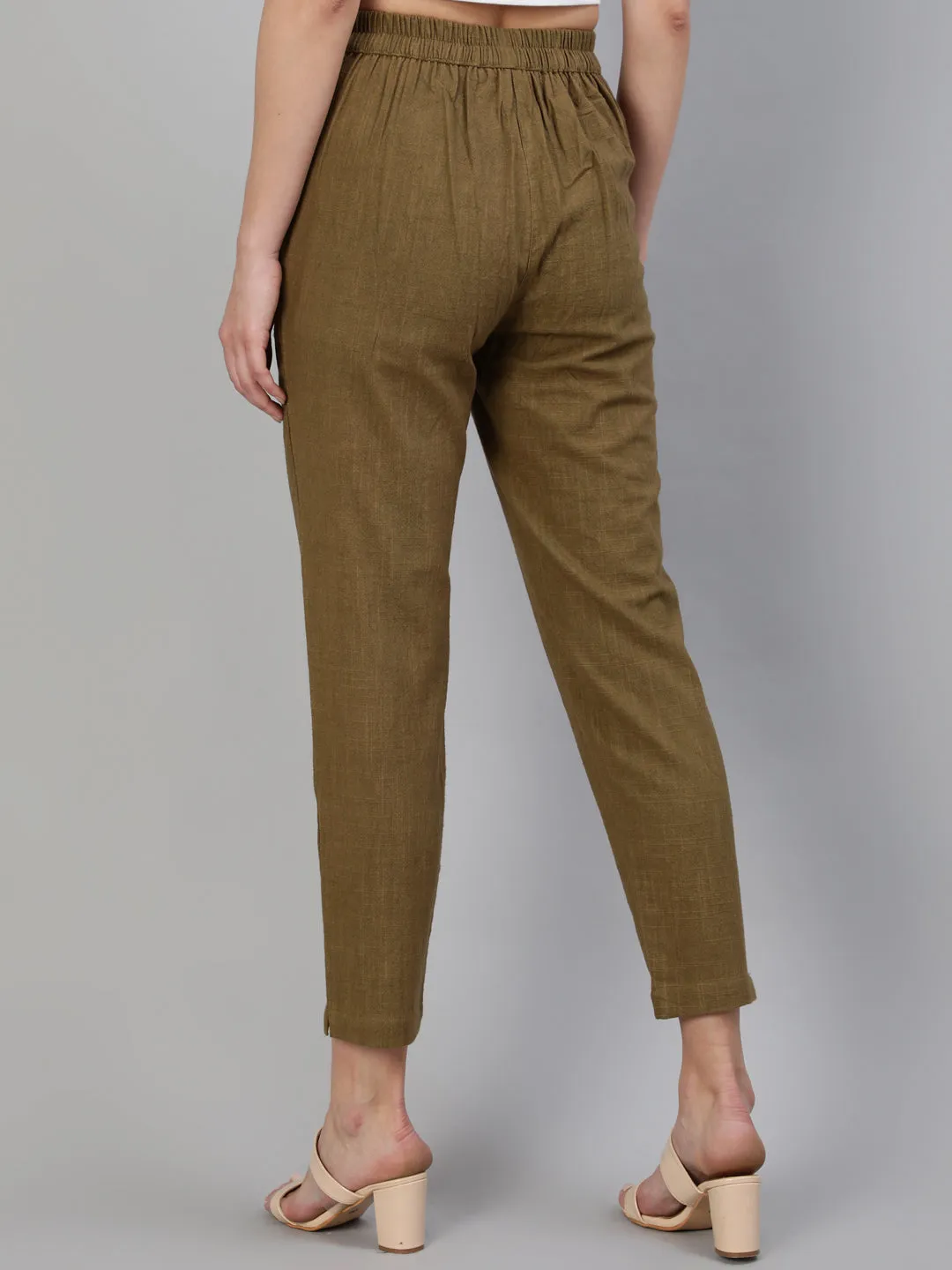 Olive Cotton Slub Straight Pants