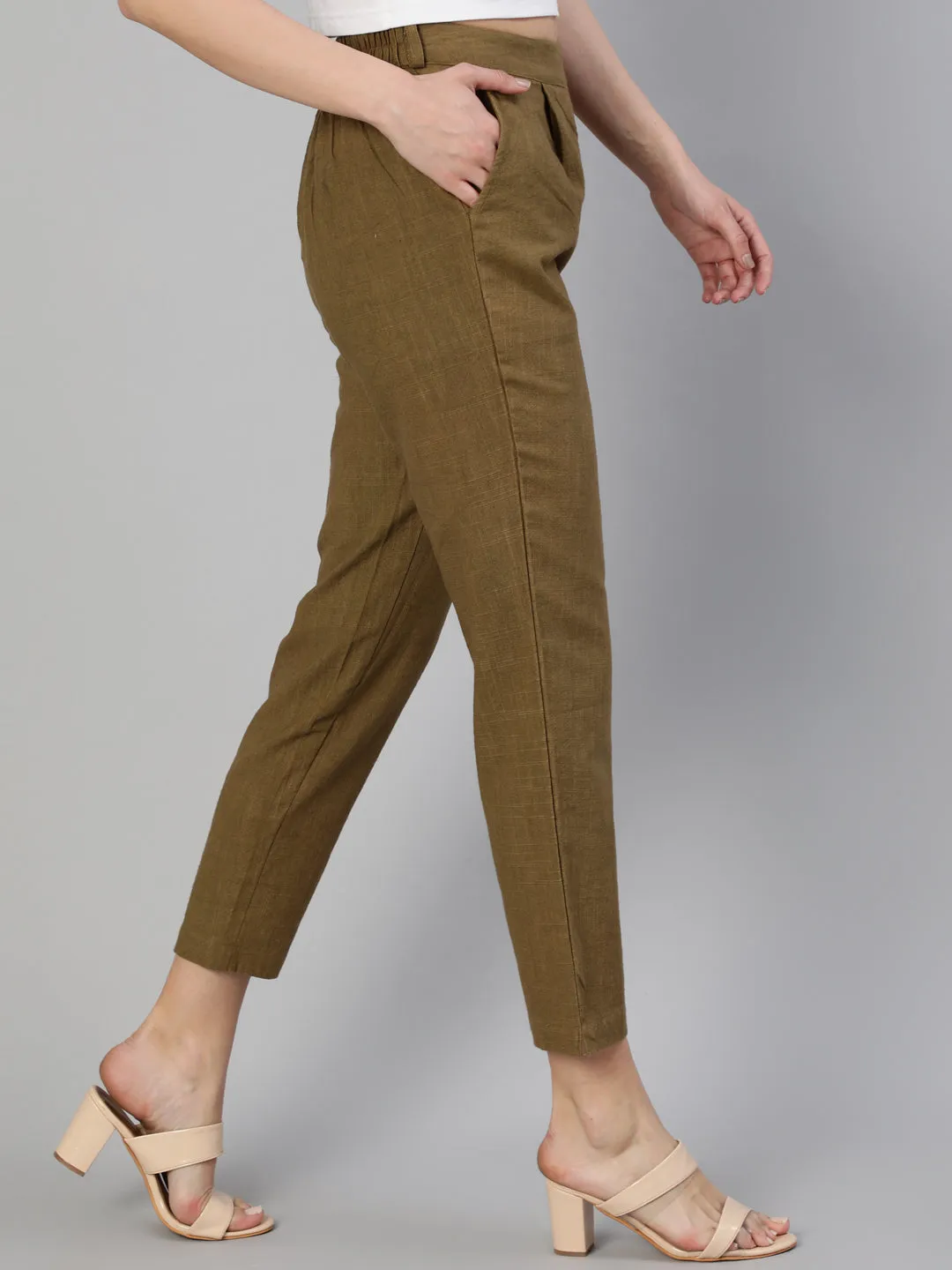Olive Cotton Slub Straight Pants