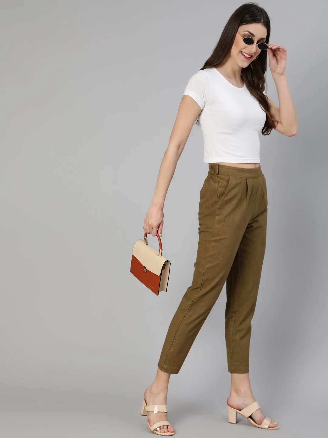 Olive Cotton Slub Straight Pants