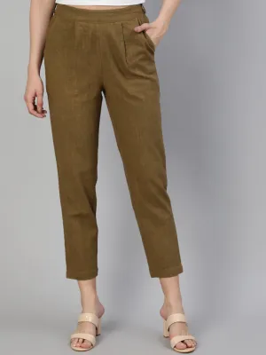 Olive Cotton Slub Straight Pants