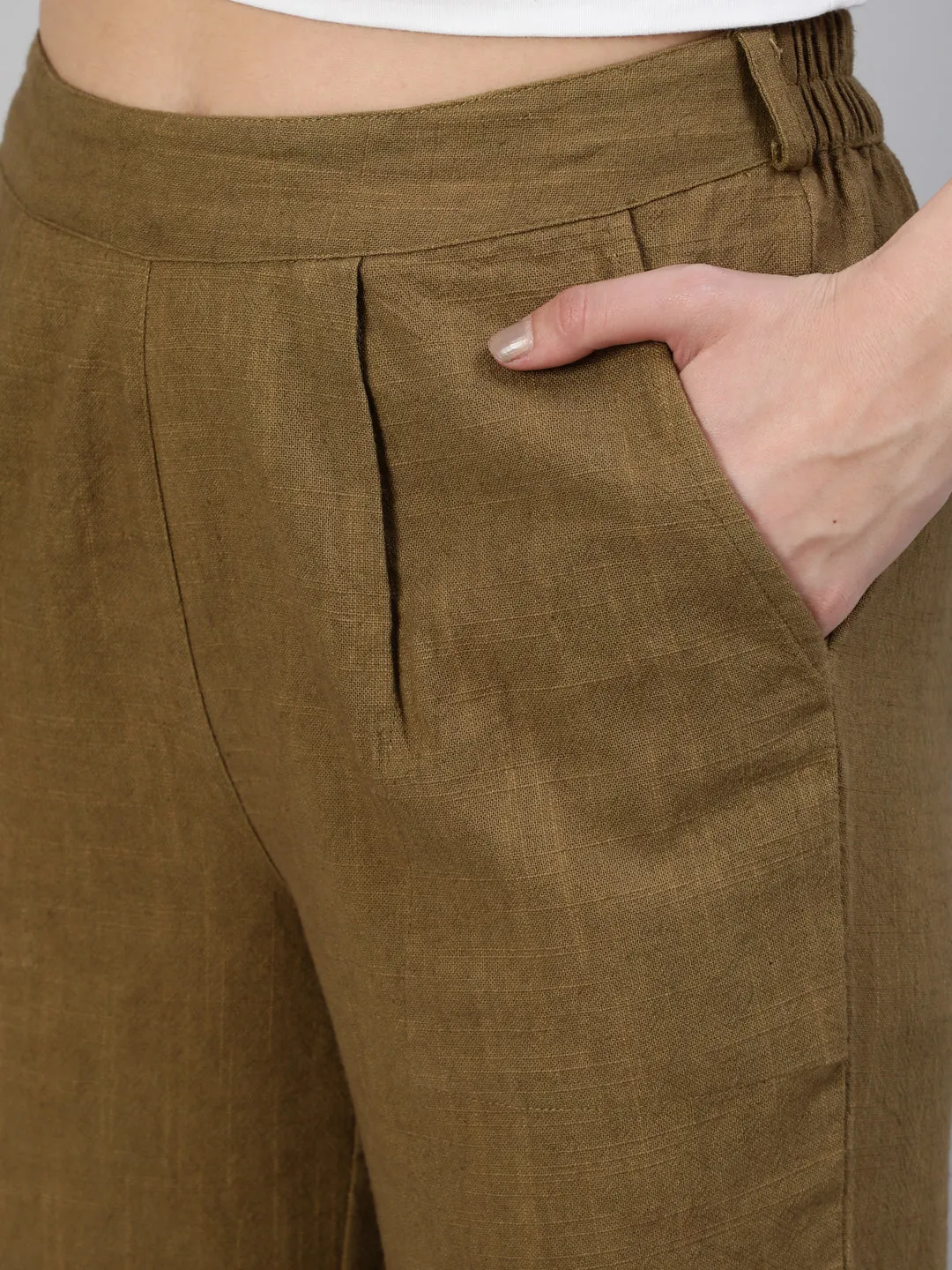 Olive Cotton Slub Straight Pants