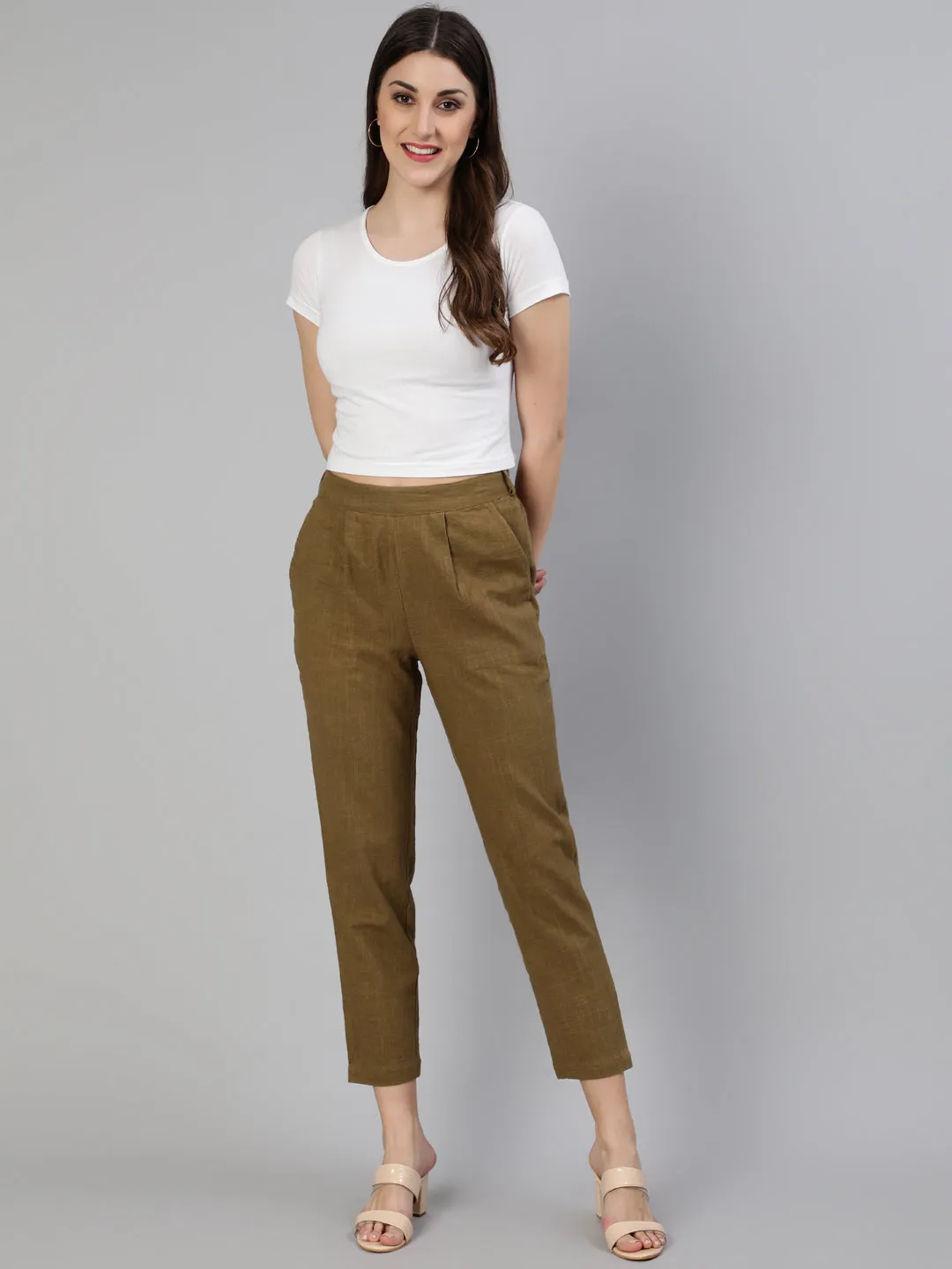 Olive Cotton Slub Straight Pants