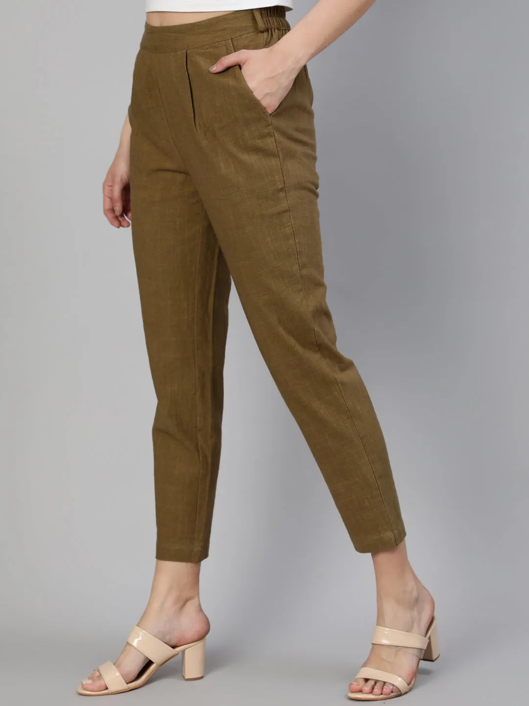 Olive Cotton Slub Straight Pants