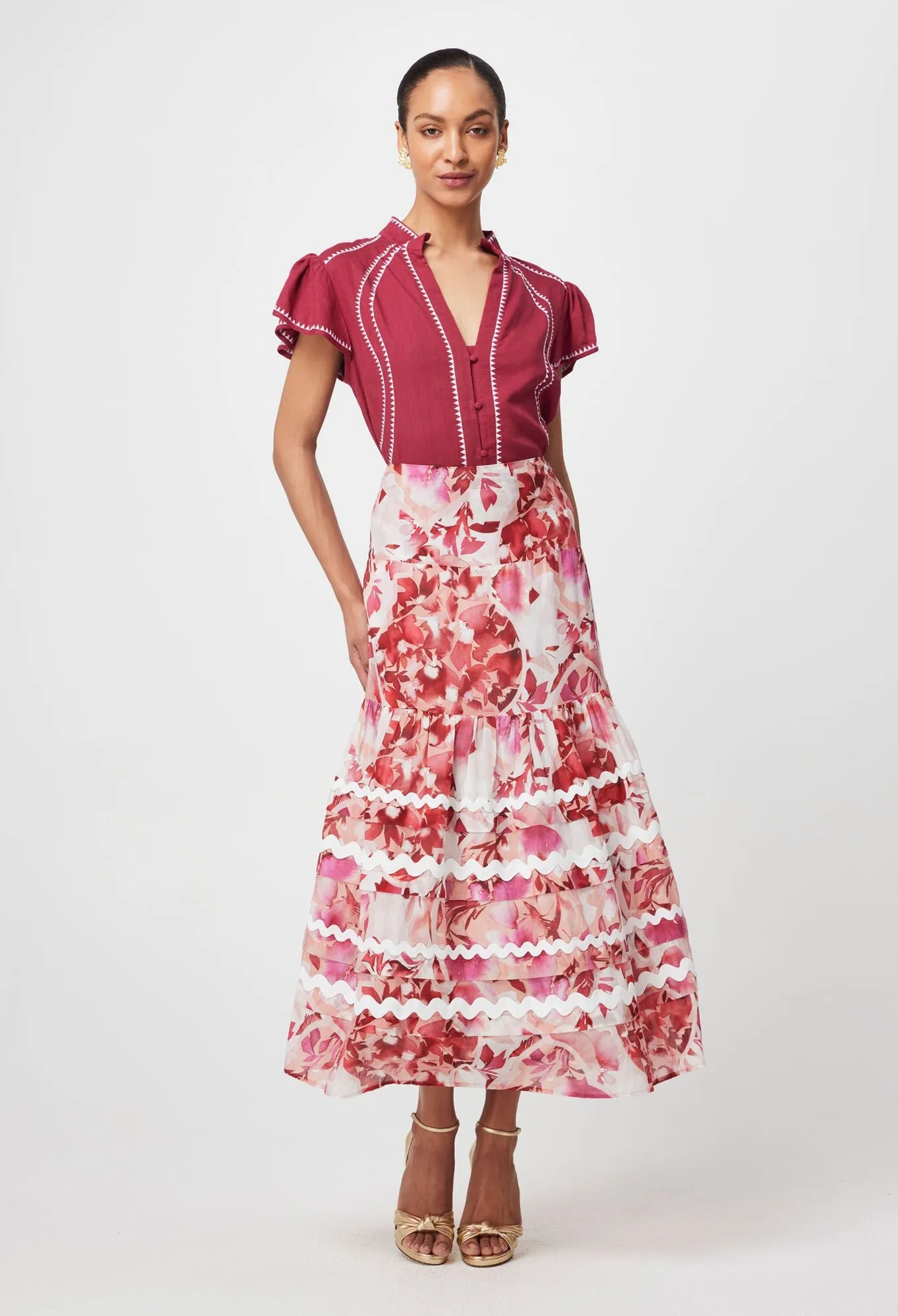 Once Was - Carlyle Embroidered Linen Viscose Top - Crimson