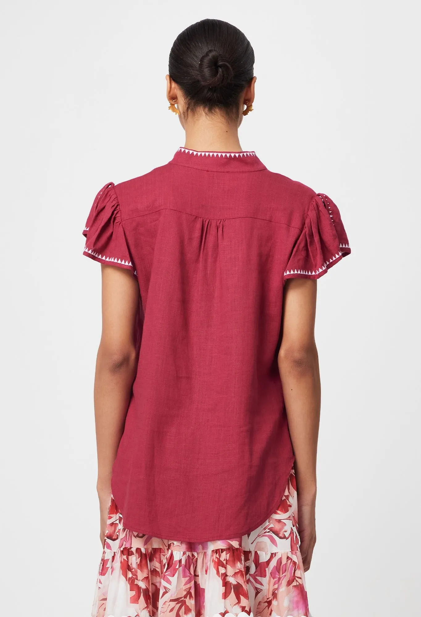 Once Was - Carlyle Embroidered Linen Viscose Top - Crimson