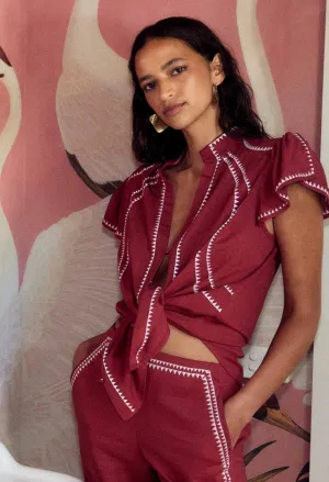 Once Was - Carlyle Embroidered Linen Viscose Top - Crimson