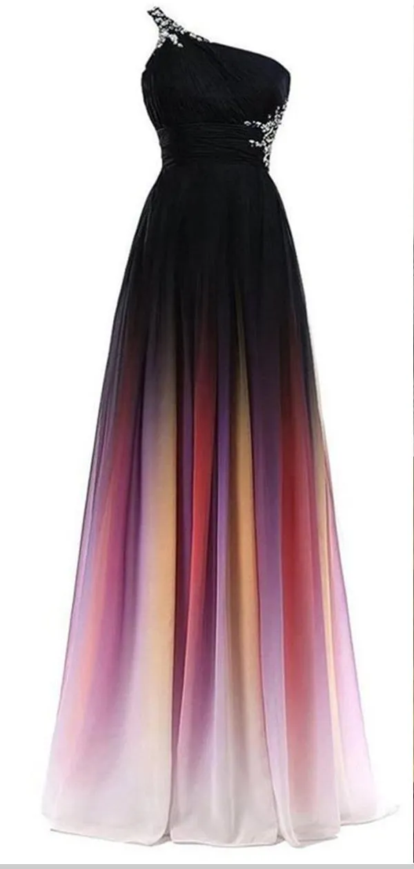 One Shoulder Beaded Chiffon Ombre Long Prom Dresses,Cheap Prom Dresses,PDY0551
