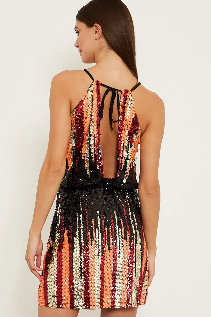 Orange, gold and black sequin mini dress