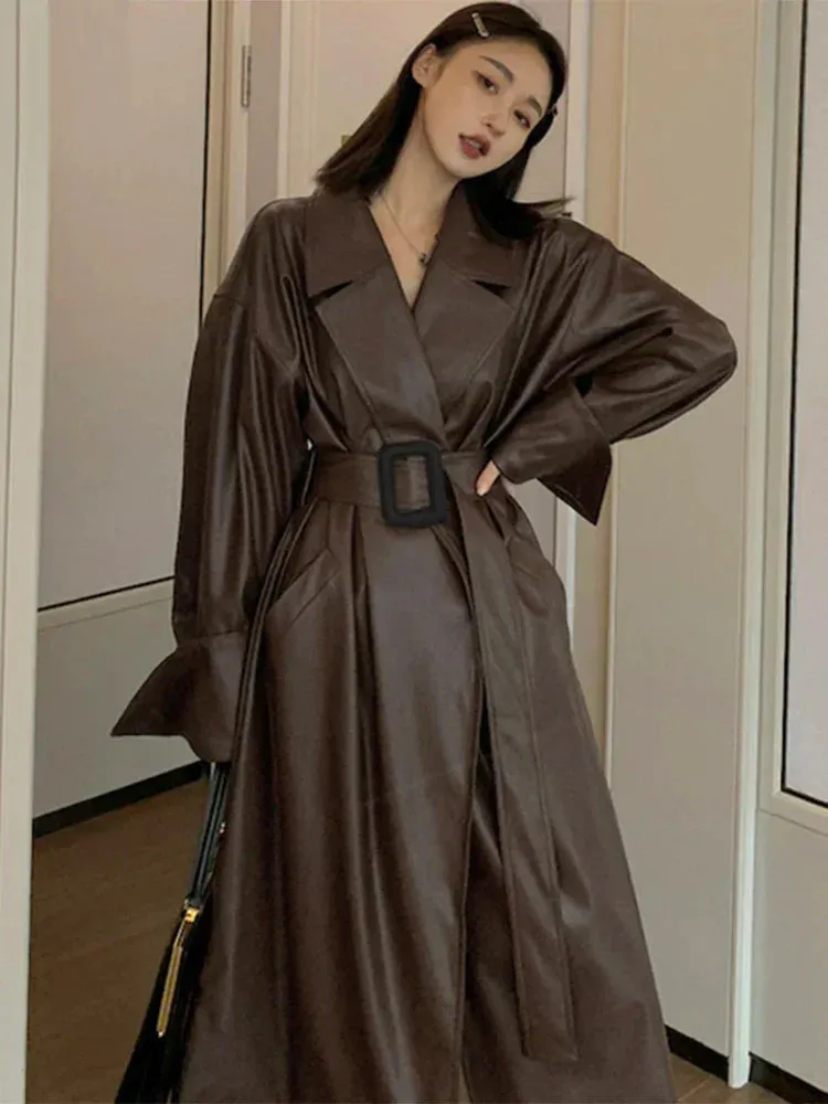 Oversized leather-like-like trench coat - Casual wear for everyday comfort