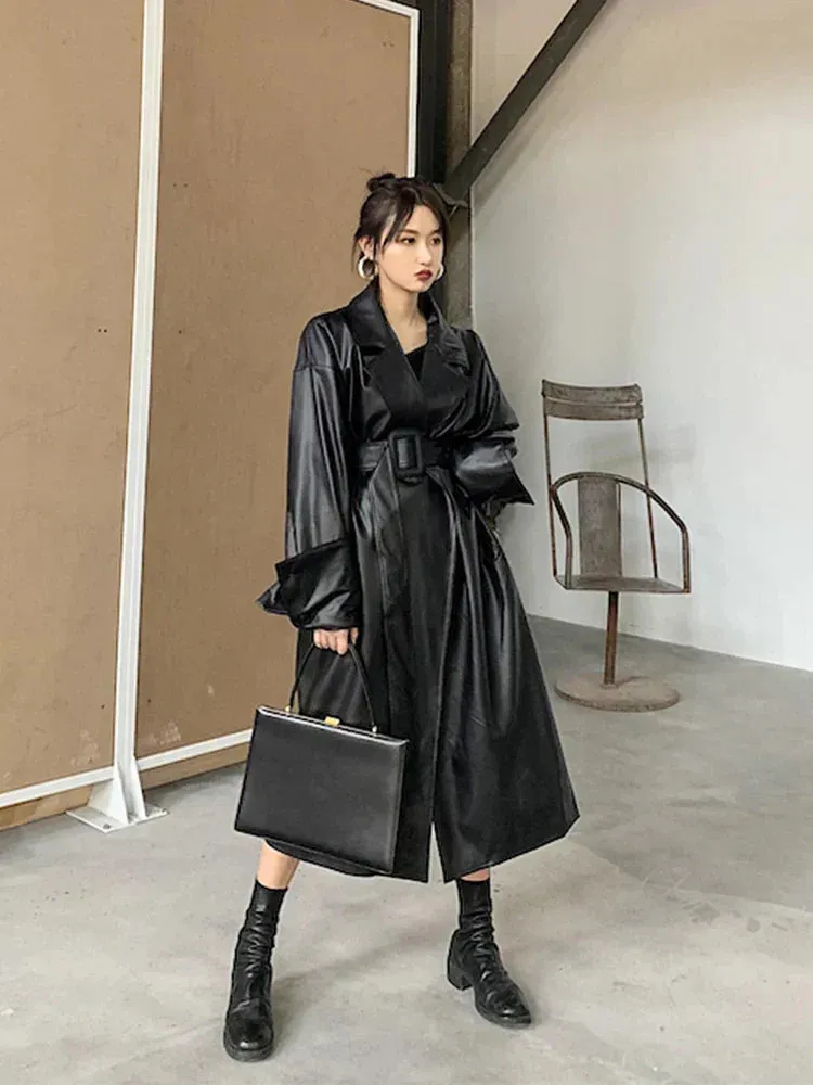 Oversized leather-like-like trench coat - Casual wear for everyday comfort