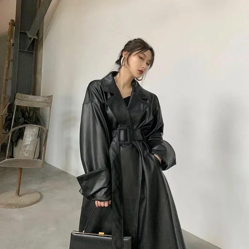 Oversized leather-like-like trench coat - Casual wear for everyday comfort
