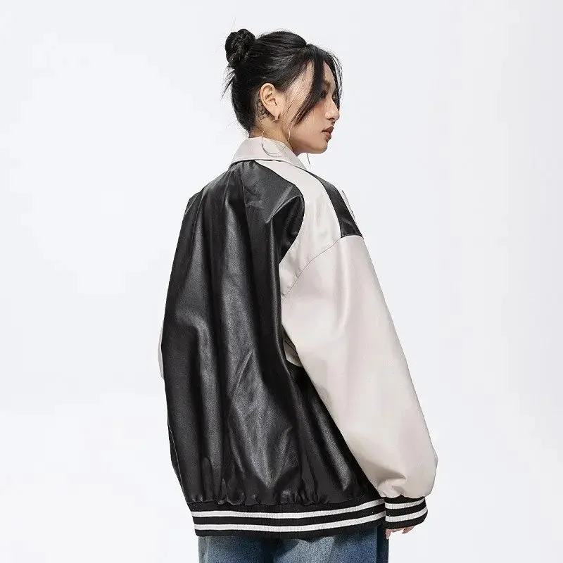 Oversized Leather Varsity Jacket for Y2K Streetwear Style