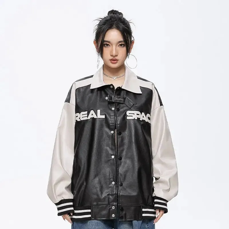 Oversized Leather Varsity Jacket for Y2K Streetwear Style