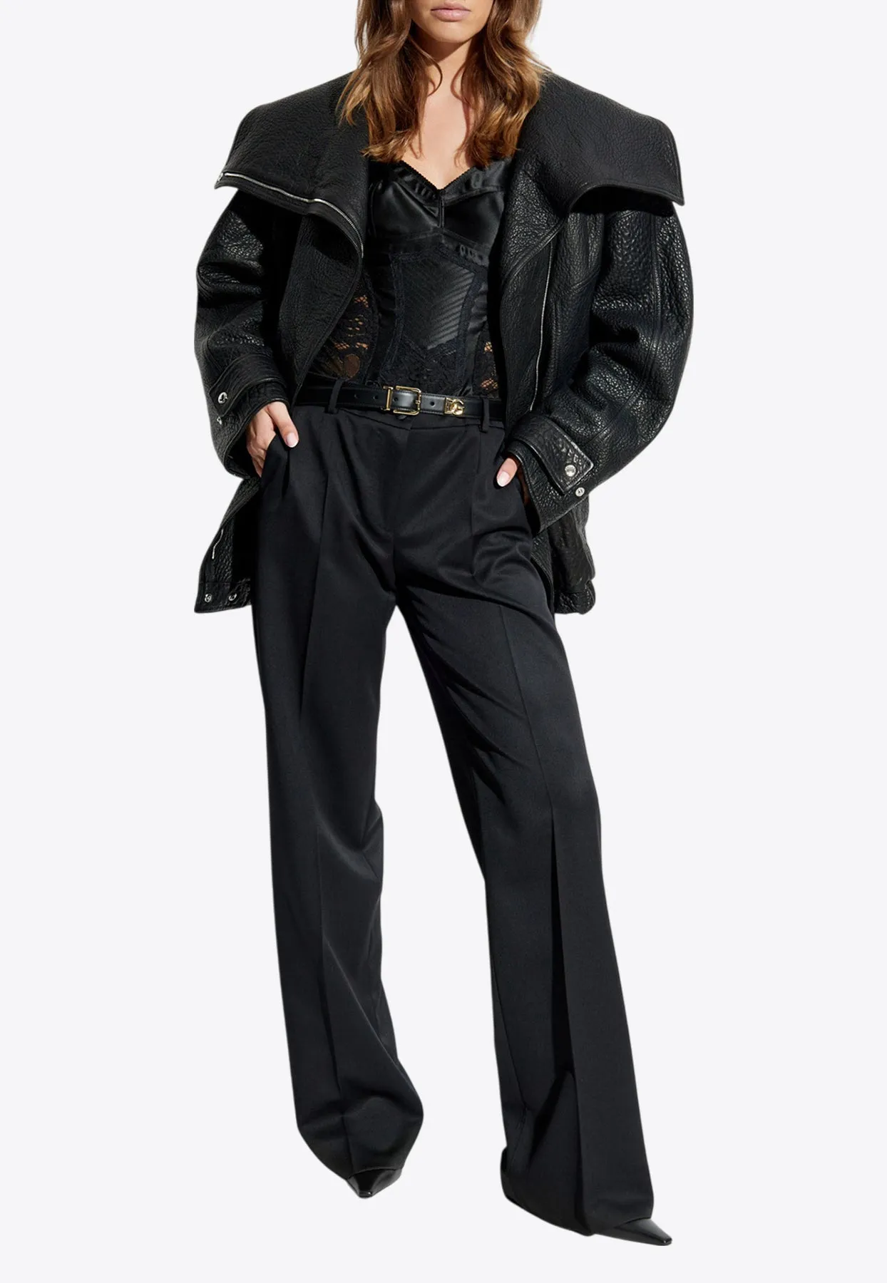 Oversized Zip-Up Leather Biker Jacket