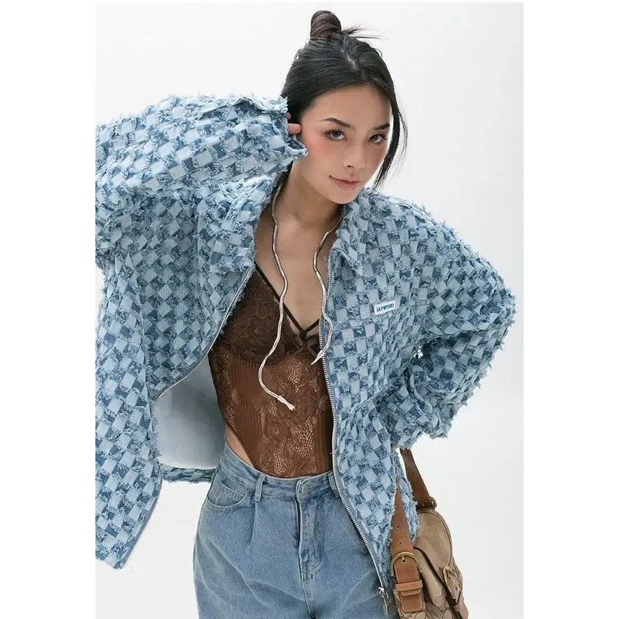 Pastel Blue Y2K Checkered Zip Up Jacket with Checkered Design