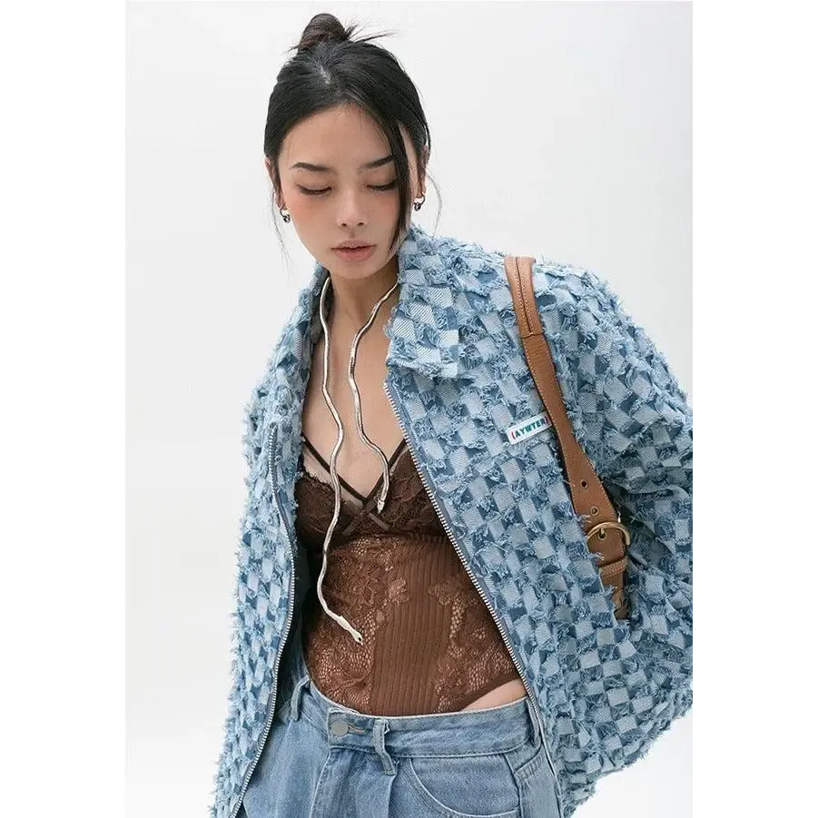 Pastel Blue Y2K Checkered Zip Up Jacket with Checkered Design