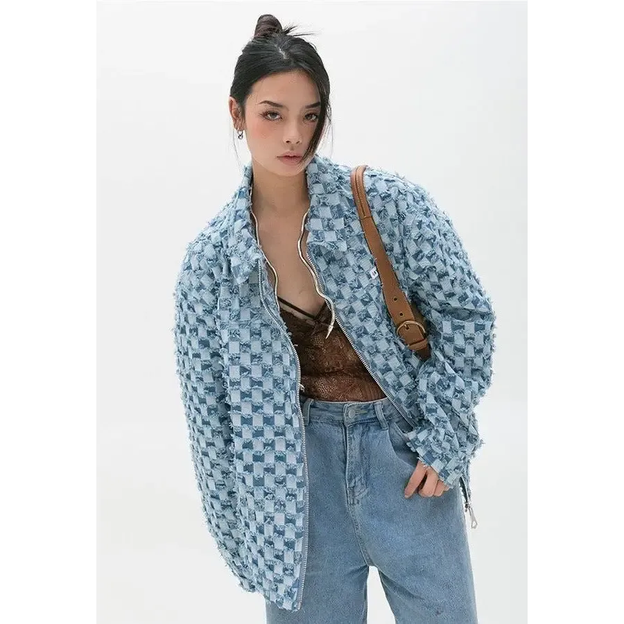 Pastel Blue Y2K Checkered Zip Up Jacket with Checkered Design