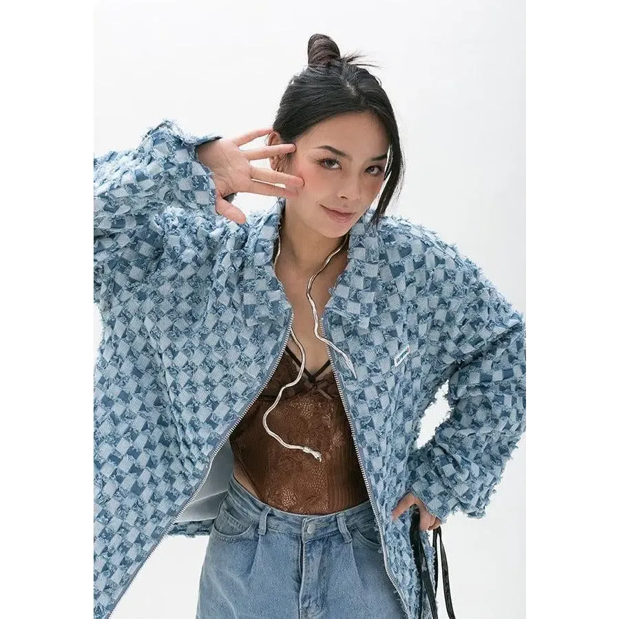 Pastel Blue Y2K Checkered Zip Up Jacket with Checkered Design