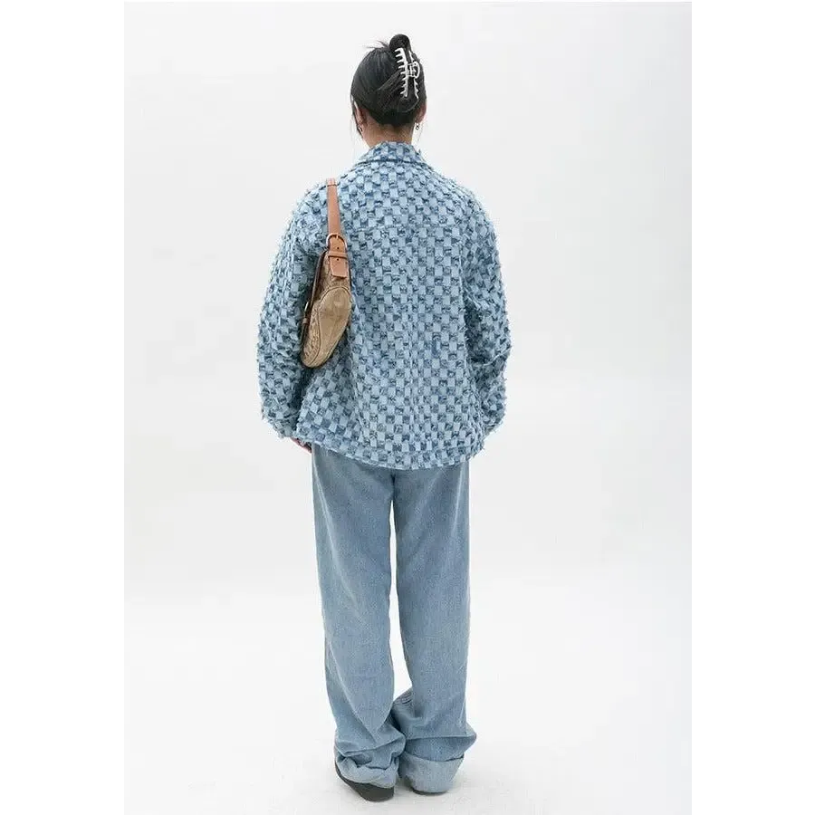 Pastel Blue Y2K Checkered Zip Up Jacket with Checkered Design