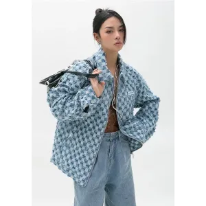 Pastel Blue Y2K Checkered Zip Up Jacket with Checkered Design