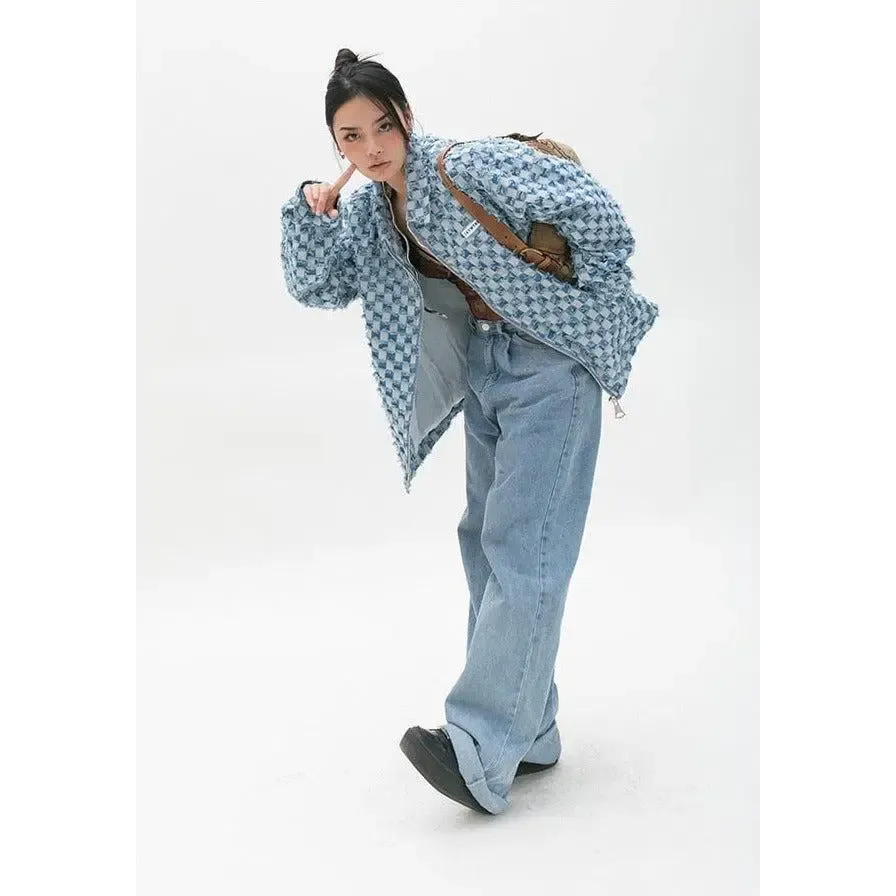 Pastel Blue Y2K Checkered Zip Up Jacket with Checkered Design