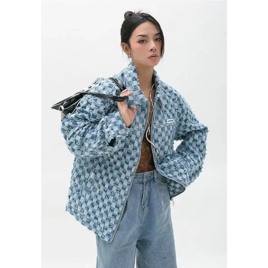 Pastel Blue Y2K Checkered Zip Up Jacket with Checkered Design