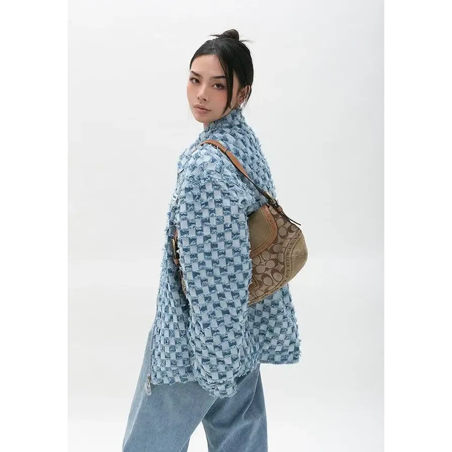 Pastel Blue Y2K Checkered Zip Up Jacket with Checkered Design