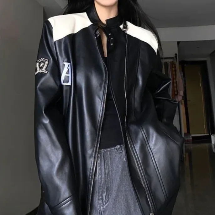 Patchwork Pu Leather Zip Up Jacket