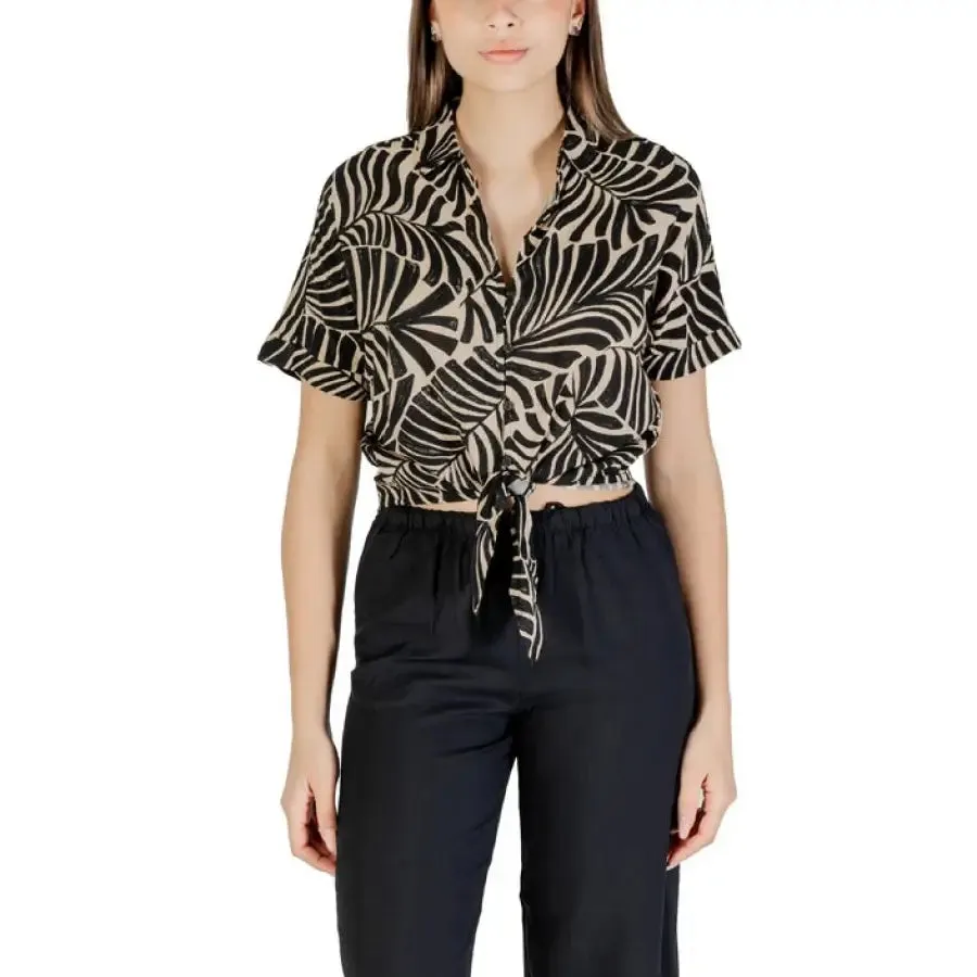 Patterned Tie Front Shirt and Dark Pants for Women