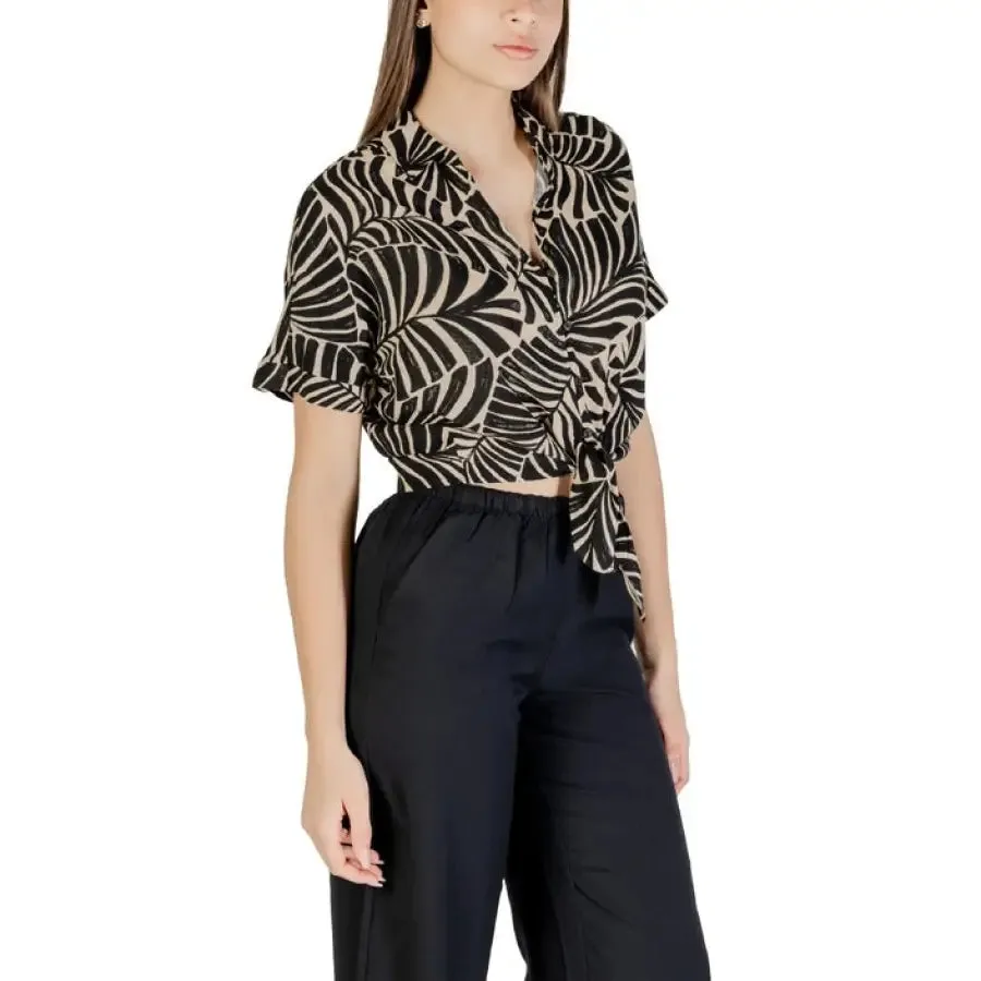 Patterned Tie Front Shirt and Dark Pants for Women
